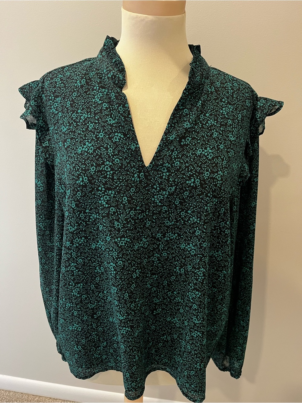 J. Crew Teal Floral Split V-Neck Ruffle Shoulder Blouse